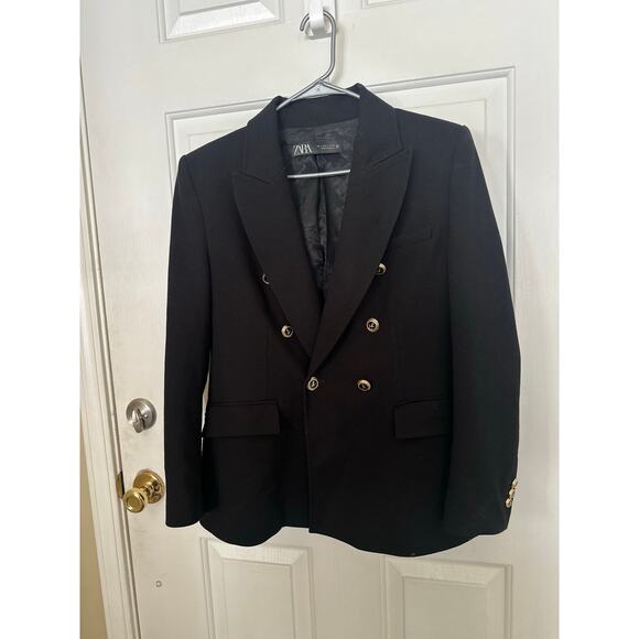 Zara Blazer Women's Size L Black Long Sleeve Peak Lapel Double-Breasted Blazer - Picture 5 of 7